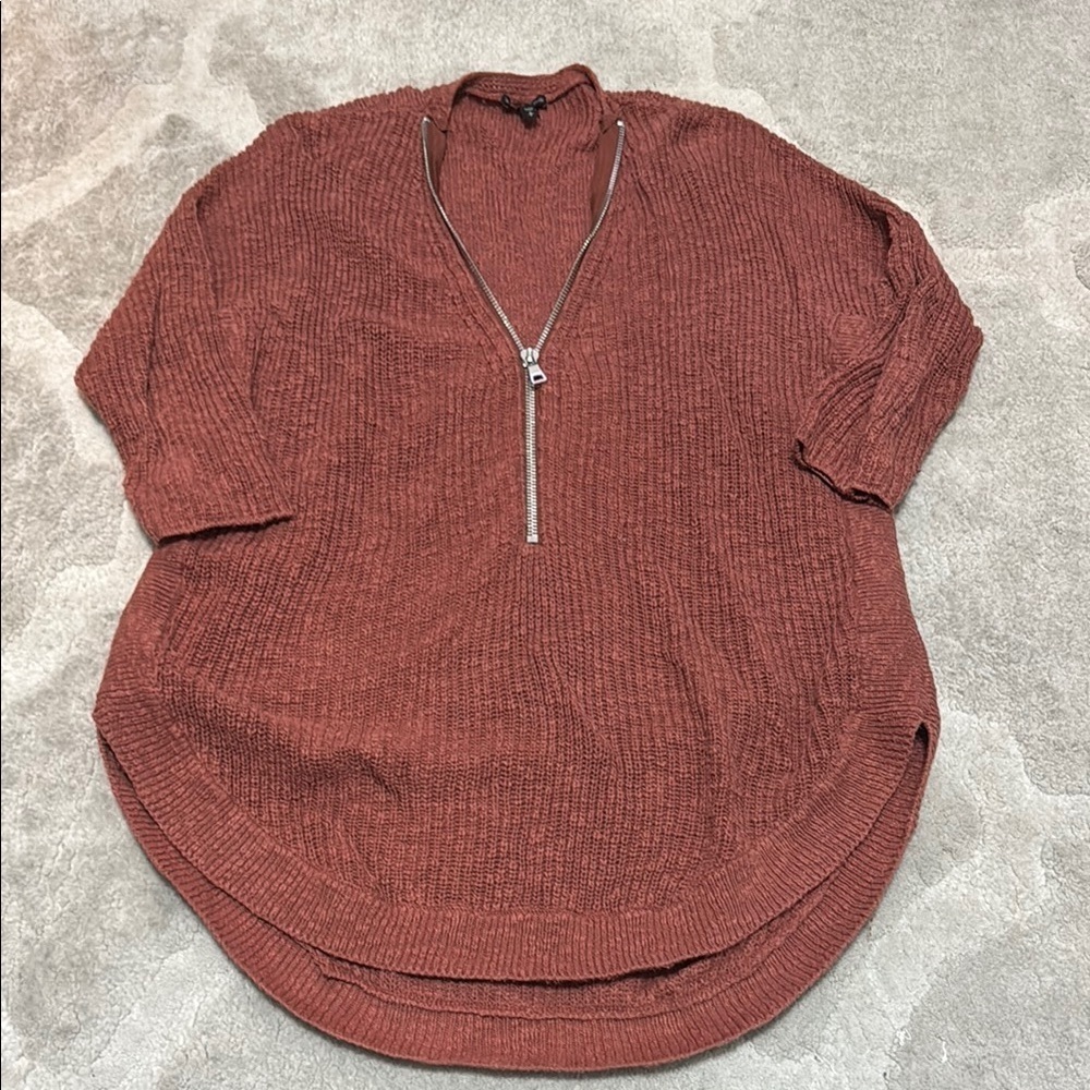 Express Rust V-Neck Zip Sweater with Relaxed Fit - Picture 1 of 5